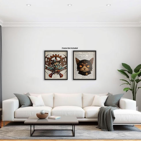 Posterizer 2 pcs-Steampunk Gothic Skull and Cat Dictionary Art-Retro Art-Art for Animal Lovers-Gift for Steampunk or Goth Fans-Living Room Bedroom...